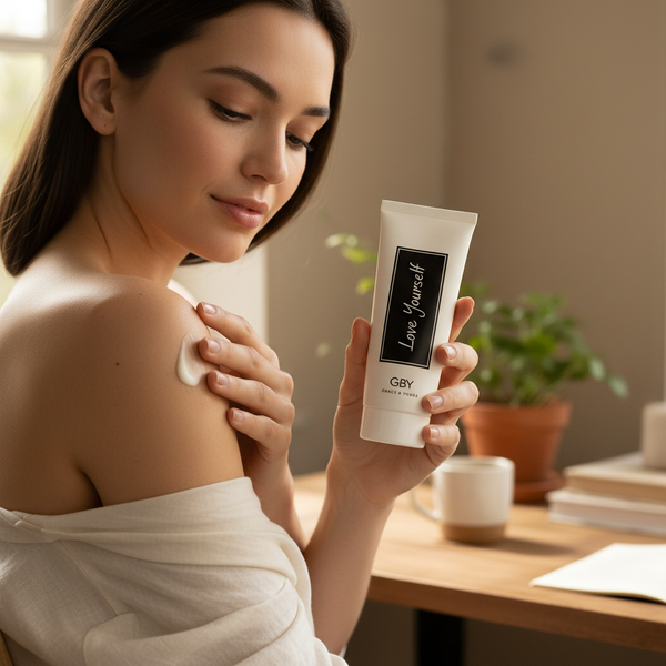 Young woman applying plant-based muscle soothe cream to relieve shoulder pain.